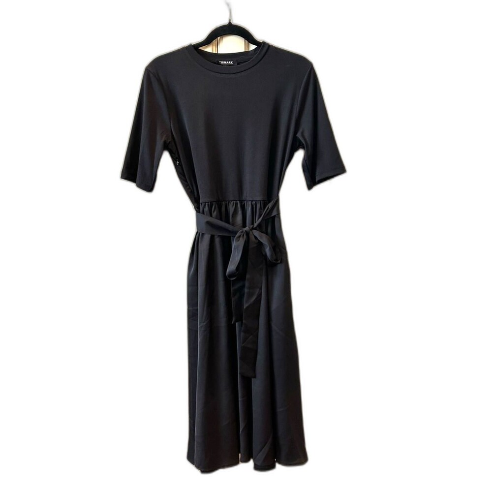 Tie-Waist Black Midi Dress with - Size Large